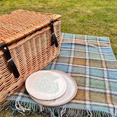 John Hanly Picnic Blankets Sea Green and Beige Plaid Large Irish Picnic Blanket