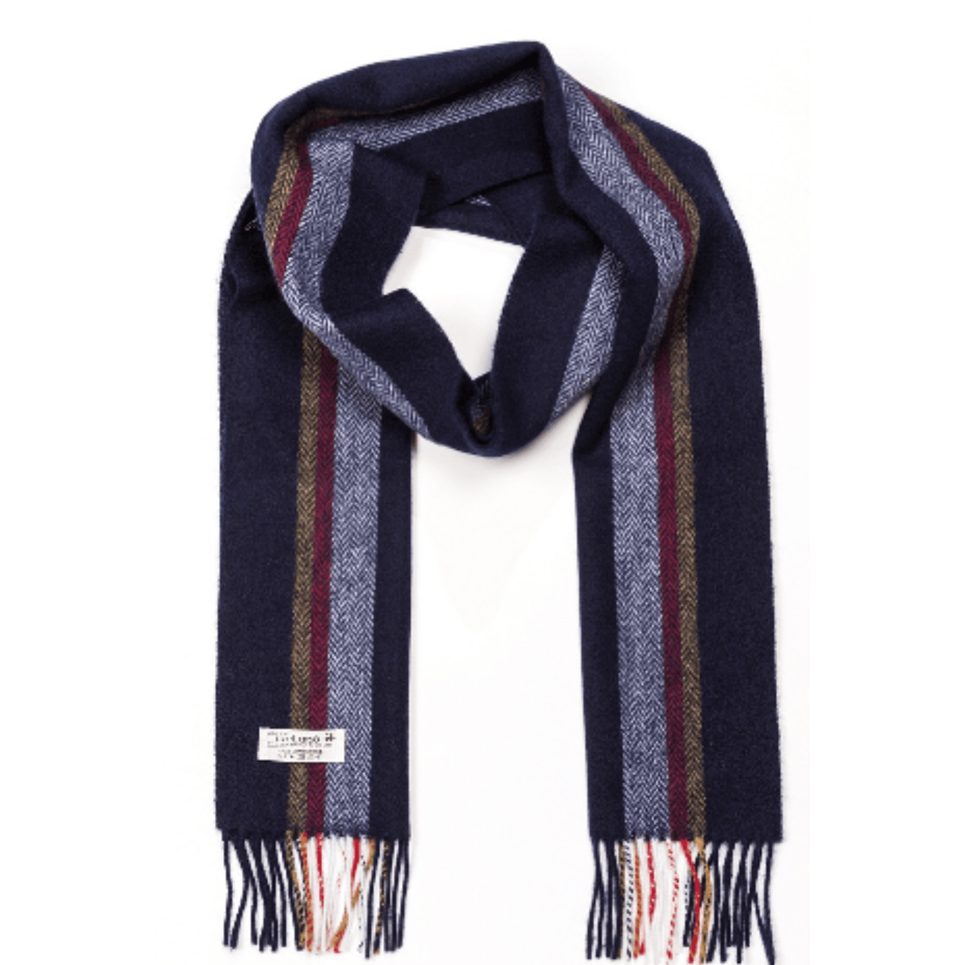 John Hanly Scarves Navy Silver Mustard and Red Stripe Long Irish Wool Scarf