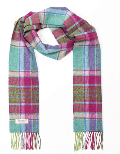 John Hanly Scarves Teal Pink and Lime Green Check Mix Ladies Long Irish Wool Scarf