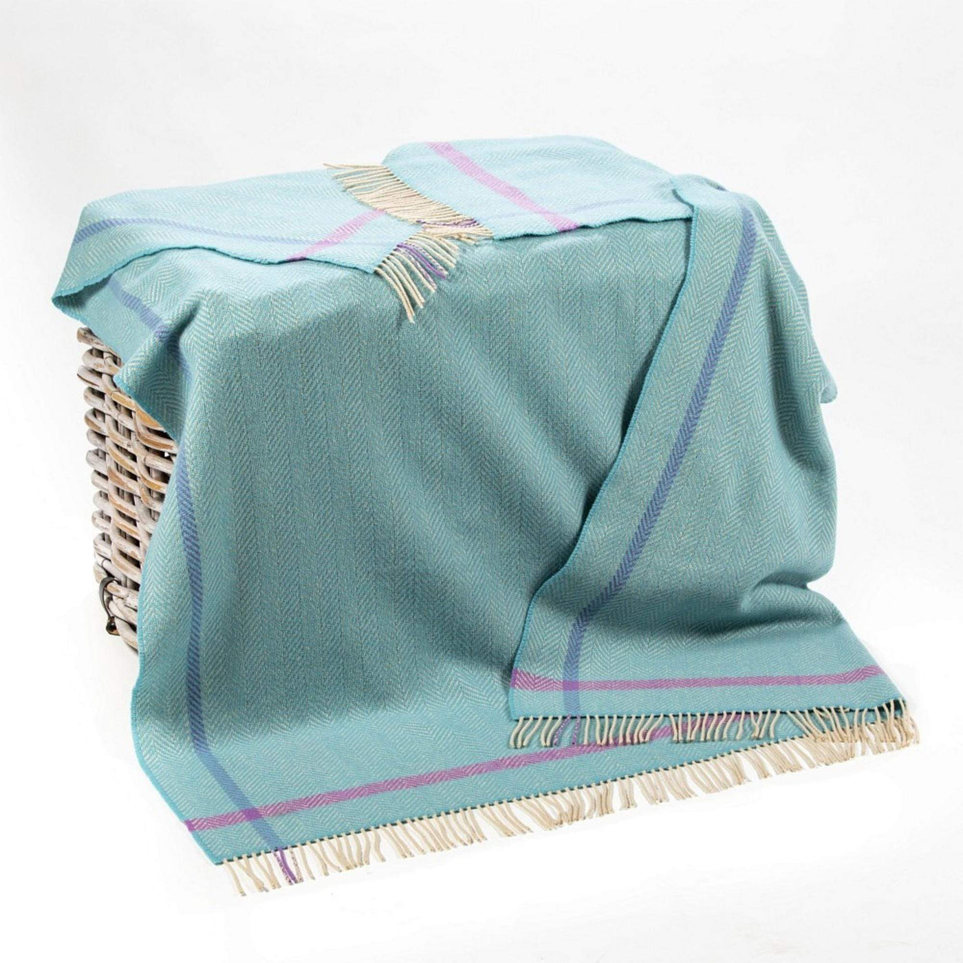 John Hanly Throw Aqua Cream & Purple Cashmere Throw in Herringbone