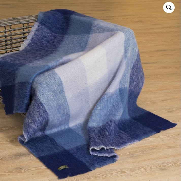 John Hanly Throw Blue Mix Block Check Mohair throws