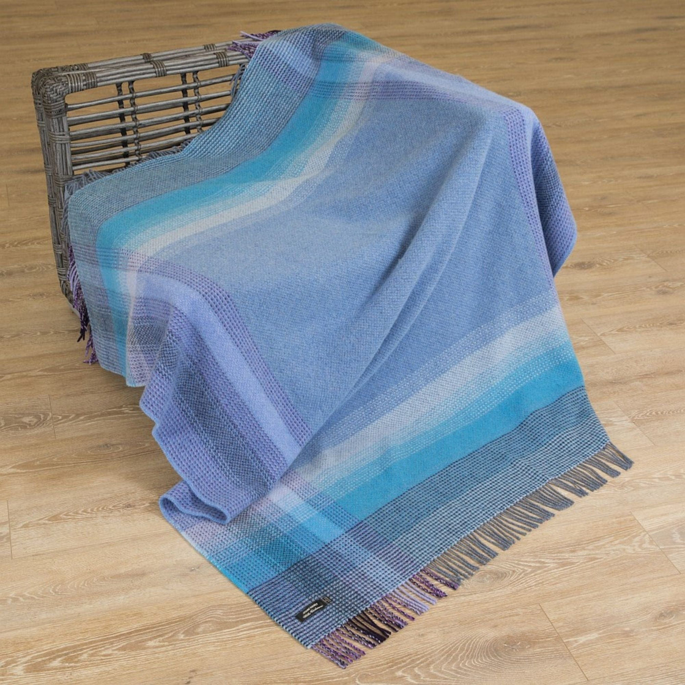 John Hanly Throw Heather Blue Border Check Cashmere Throw in Herringbone